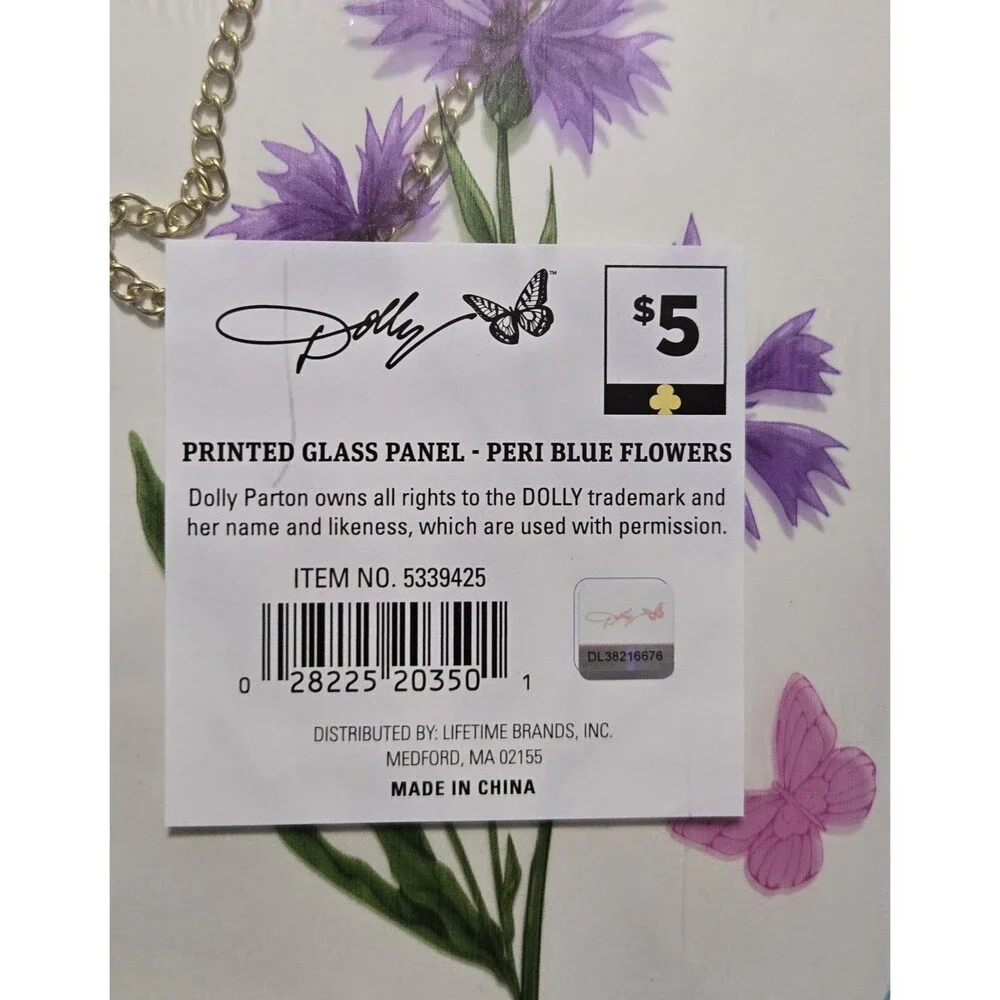 Dolly Parton Hanging Printed Glass Plaque Peri Blue Flowers wth Gold Chain 8